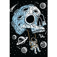 Postcard #1194 | Astronaut Playing Swing on Skull Planet