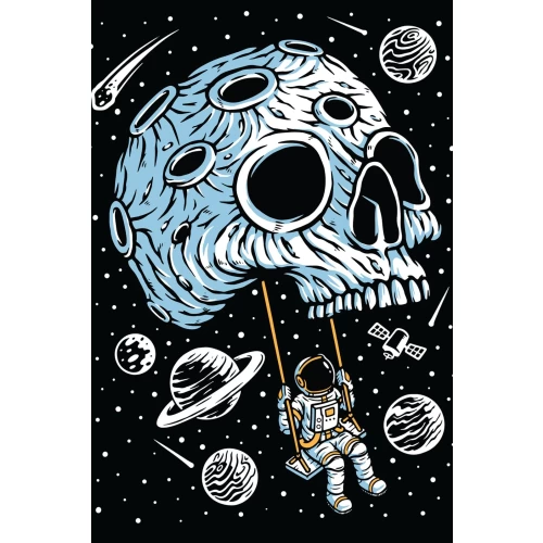 Postcard #1194 | Astronaut Playing Swing on Skull Planet