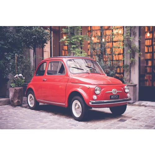 Old red car postcard