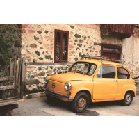 Old yellow car postcard