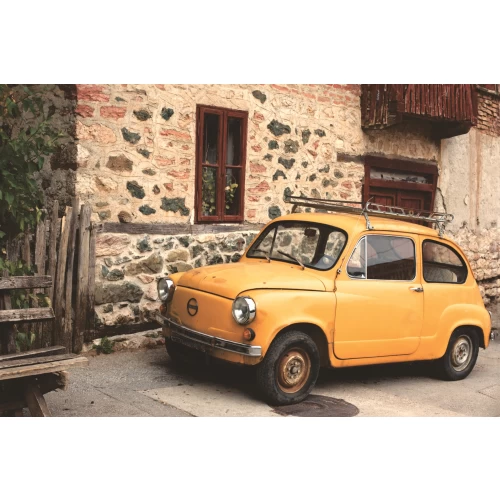 Old yellow car postcard