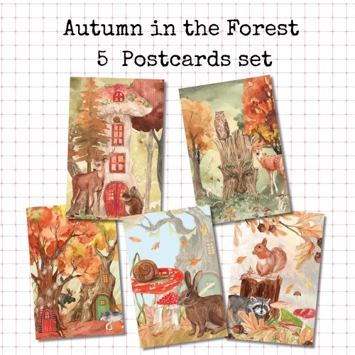 5 Postcard Set: Autumn in the forest
