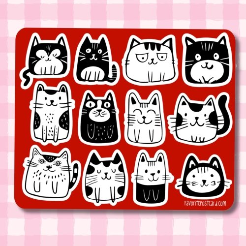 Sticker sheet #243: Black and White Cats, MINI