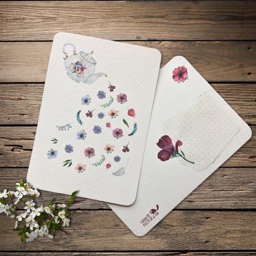 Textured Paper Postcard: Teapot & Floating Flowers