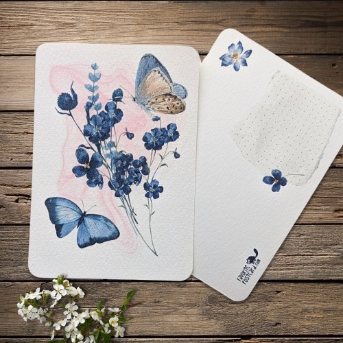 Textured Paper Postcard: Blue Flowers & Butterflies