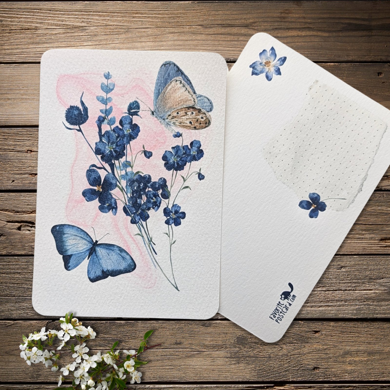 Textured Paper Postcard: Blue Flowers & Butterflies