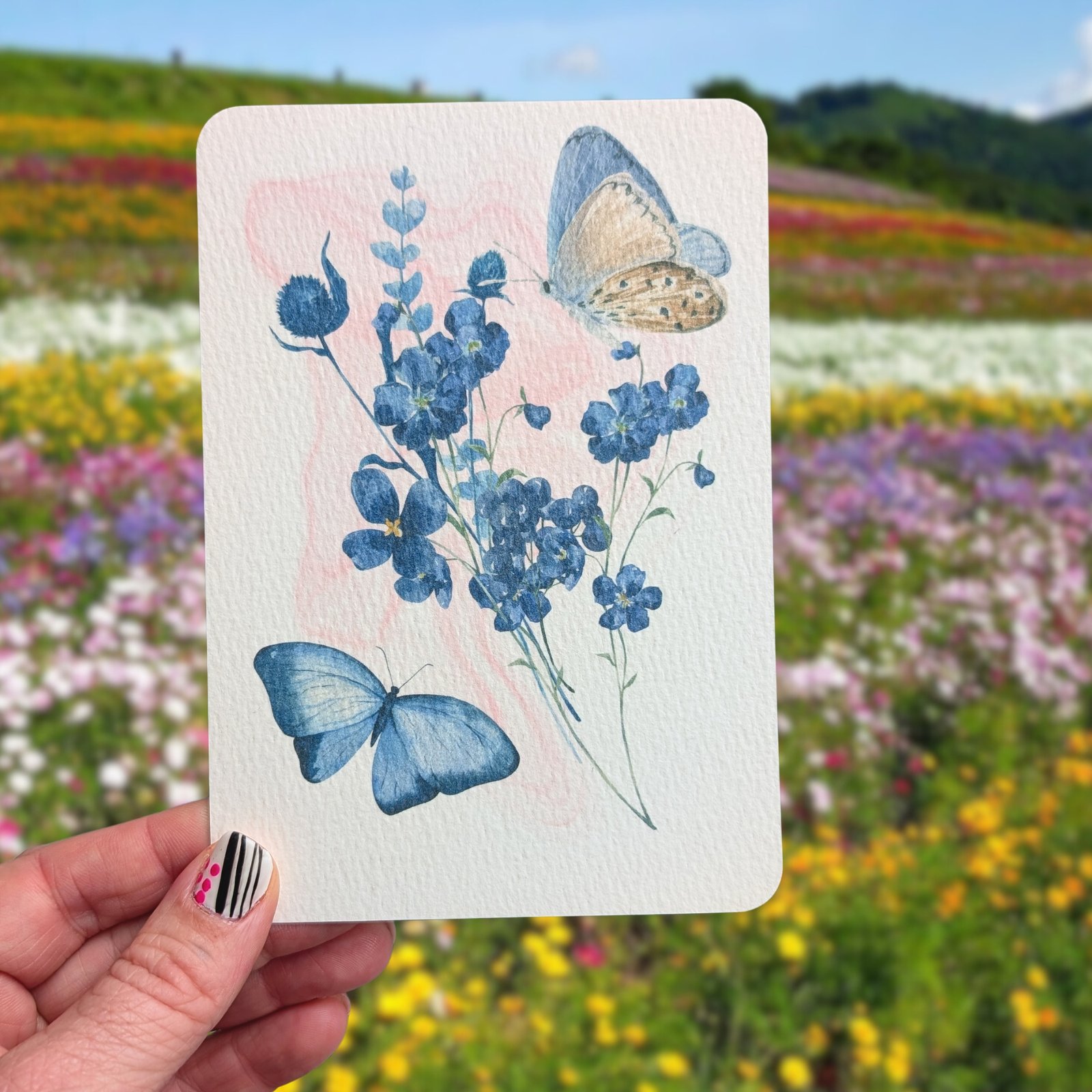 Textured Paper Postcard: Blue Flowers & Butterflies - Image 2