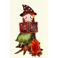Postcard #2455: Cozy Witch Reading by the Fire