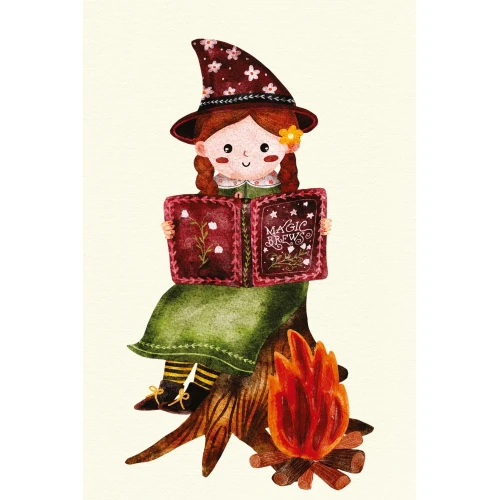 Postcard #2455: Cozy Witch Reading by the Fire
