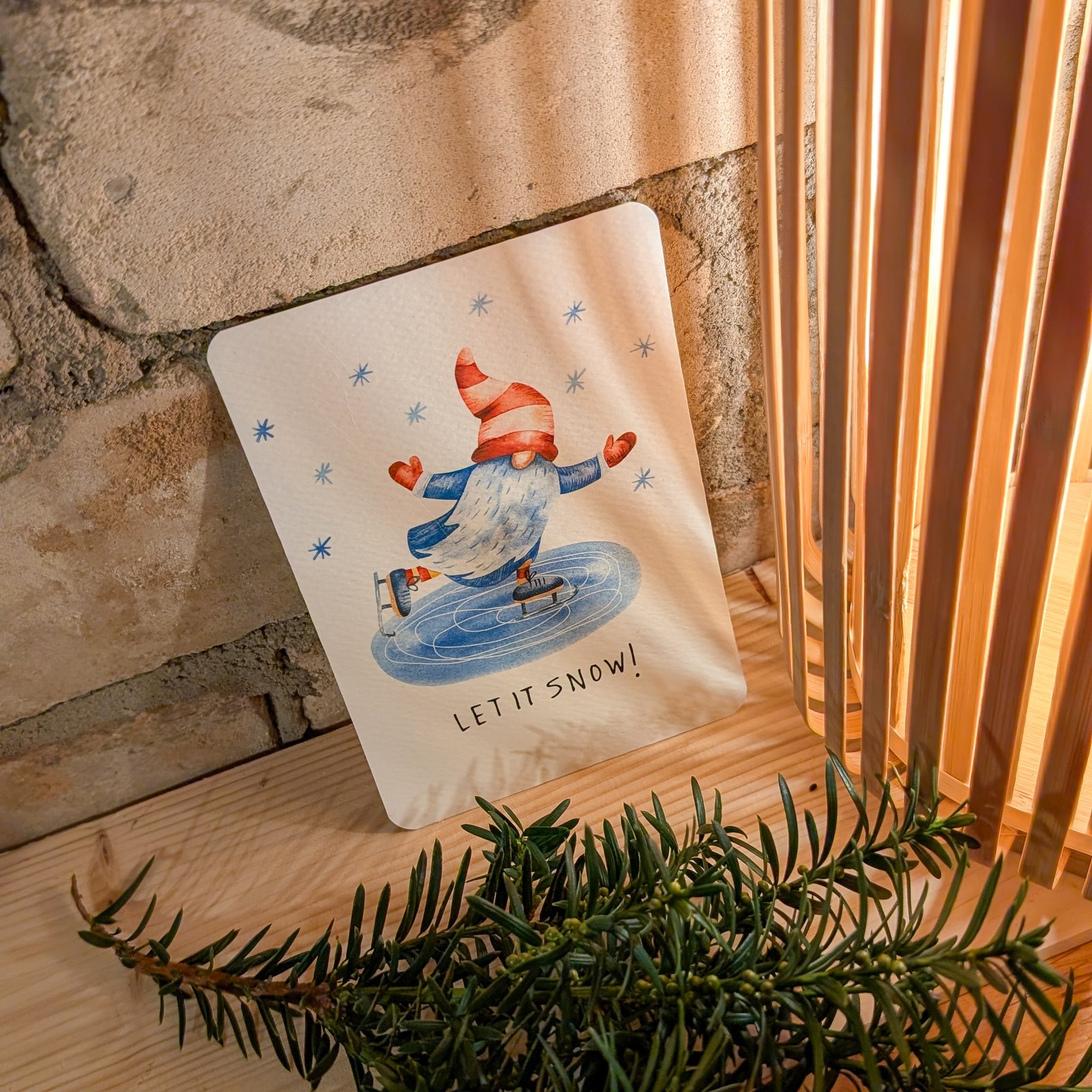 Textured Paper Postcard: Let It Snow! Skating Gnome - Image 2
