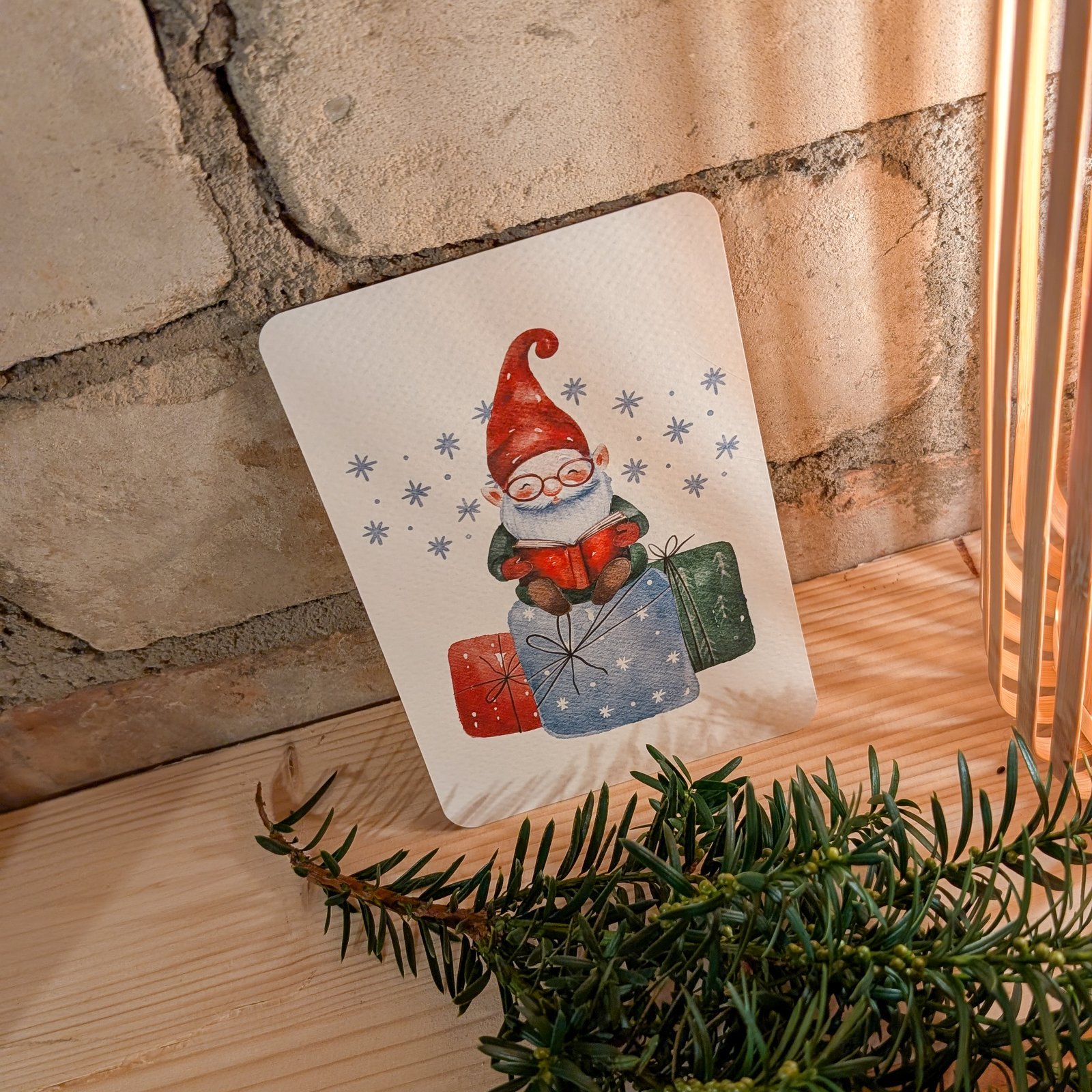 Textured Paper Postcard: Christmas Reading Gnome - Image 2