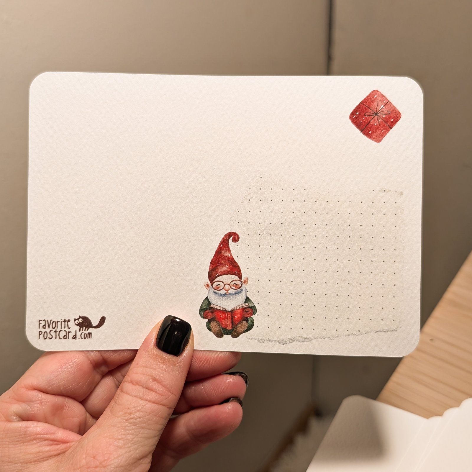 Textured Paper Postcard: Christmas Reading Gnome - Image 3