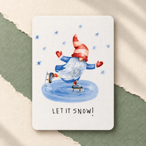 Textured Paper Postcard: Let It Snow! Skating Gnome