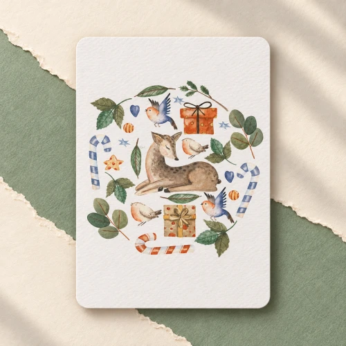 Textured Paper Postcard: Christmas Woodland Deer